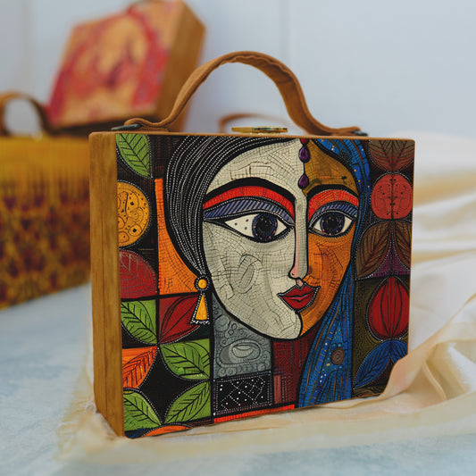 Abstract Face Printed Suitcase Style Clutch