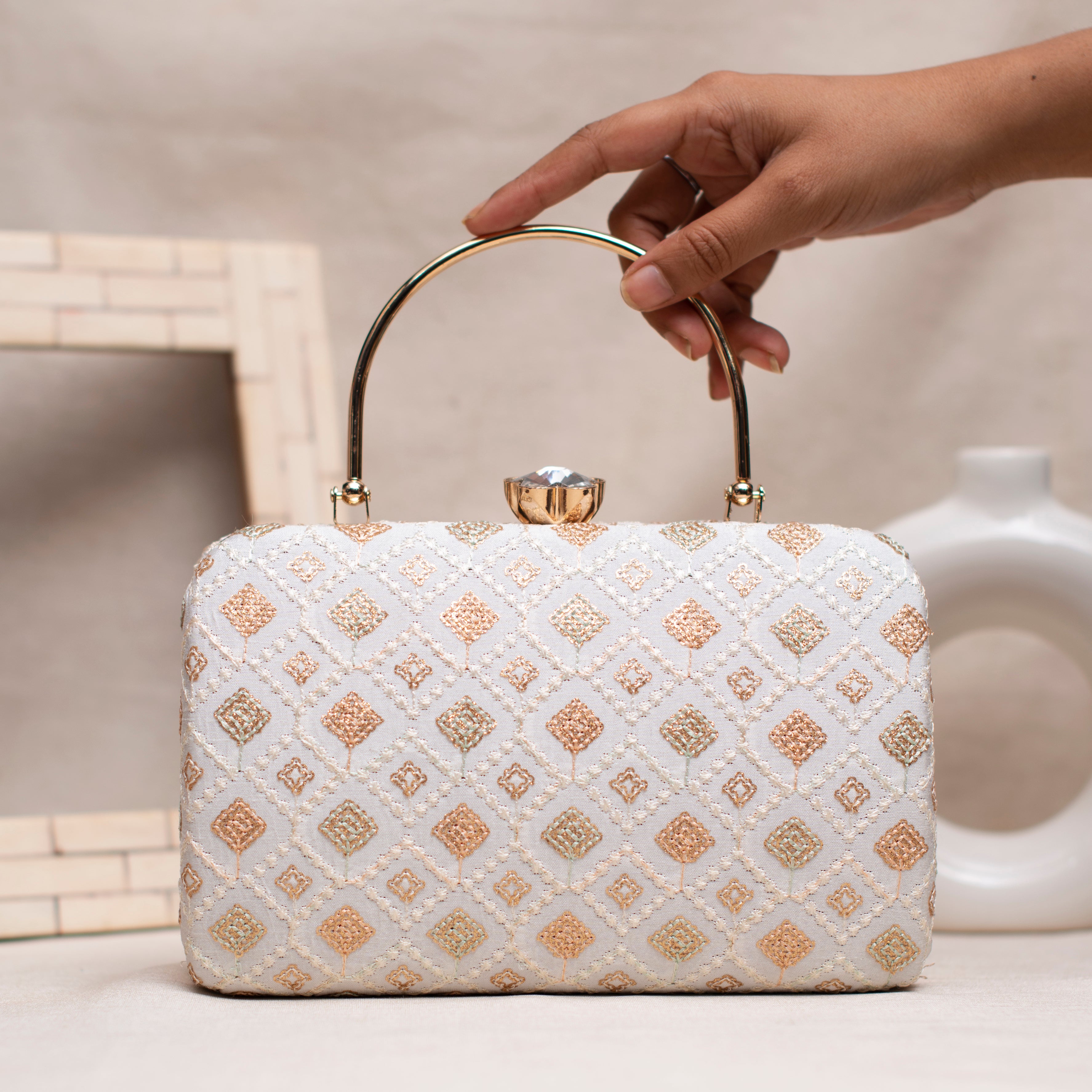 White Box Pattern Embroidery Clutch