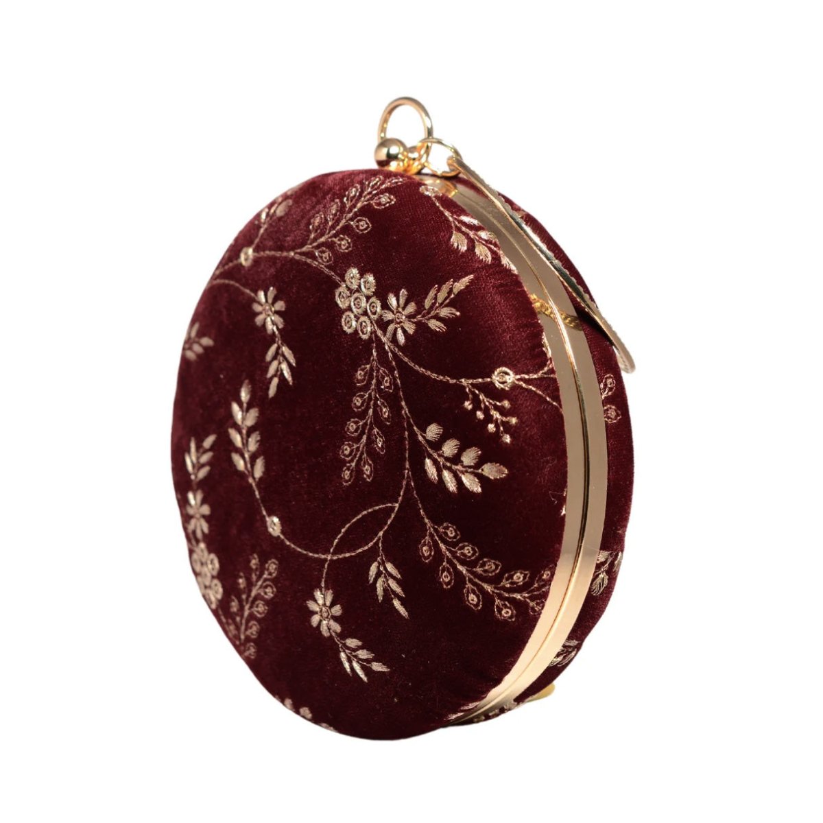 Maroon And Golden Embroidery Round Clutch