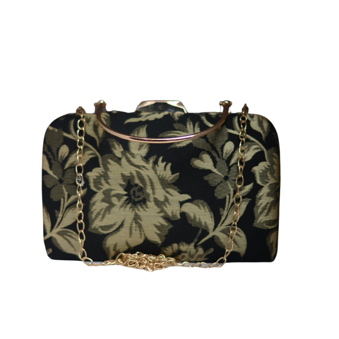 Artklim Black and Golden Floral Printed Party Clutch