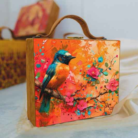 Orange And Blue Bird Printed Suitcase Style Clutch