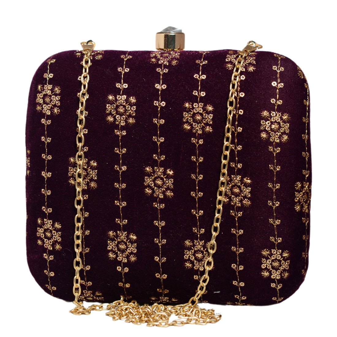 Wine And Golden Sequins Embroidery Clutch