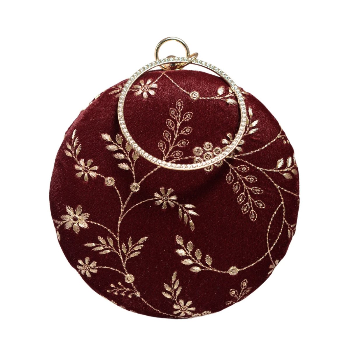 Maroon And Golden Embroidery Round Clutch