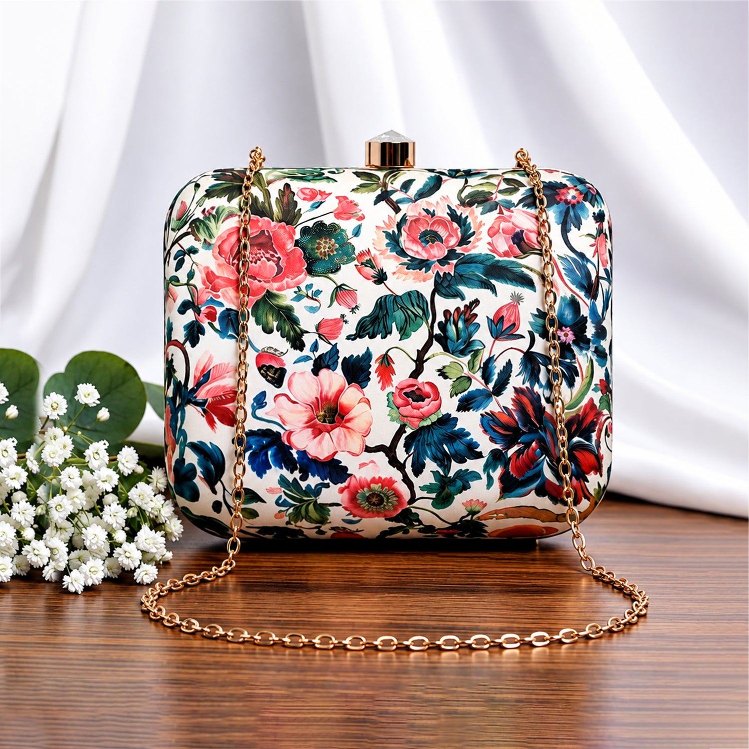 White Based Pink Floral Printed Clutch
