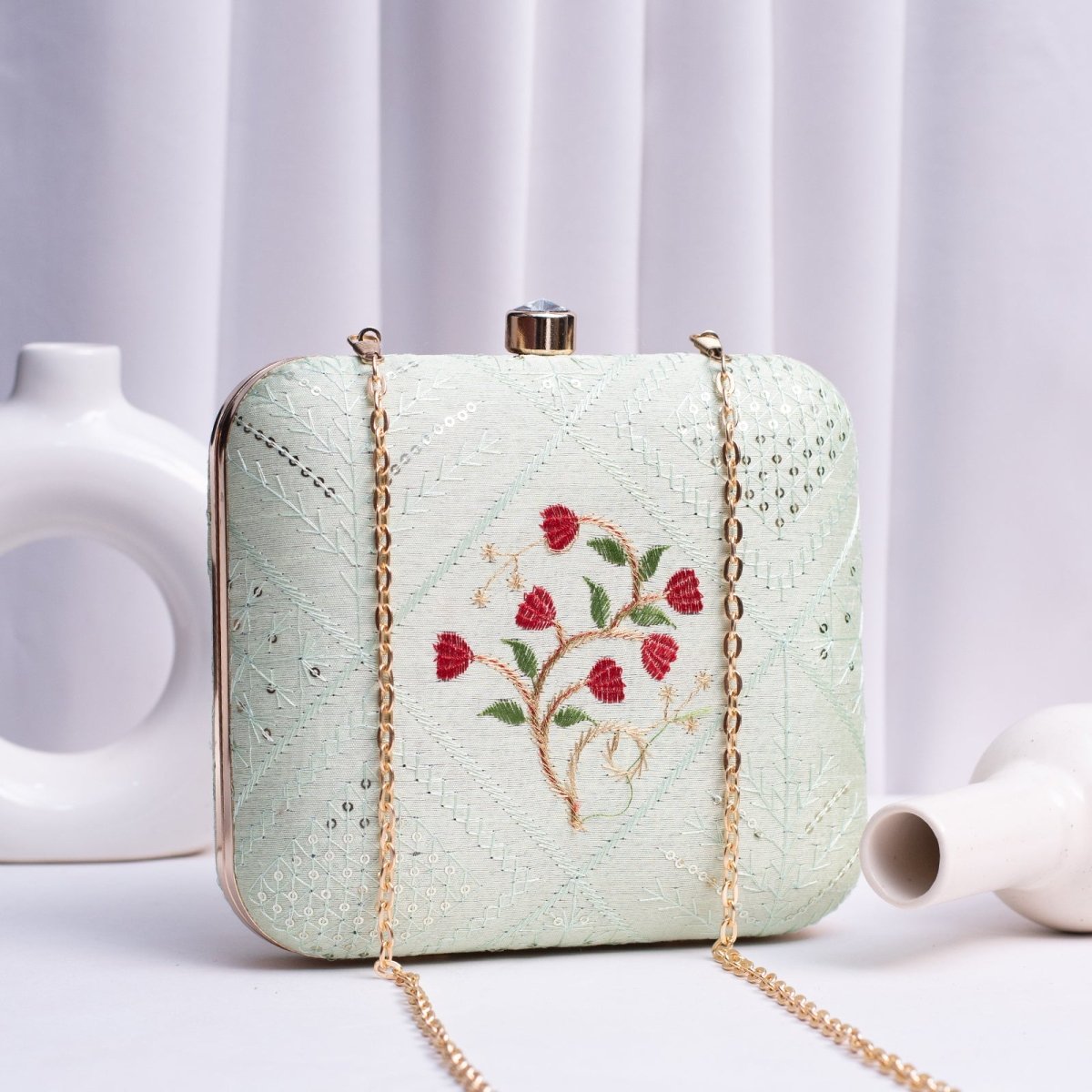 Artklim Pastel Green Based Threadwork Embroidery Clutch