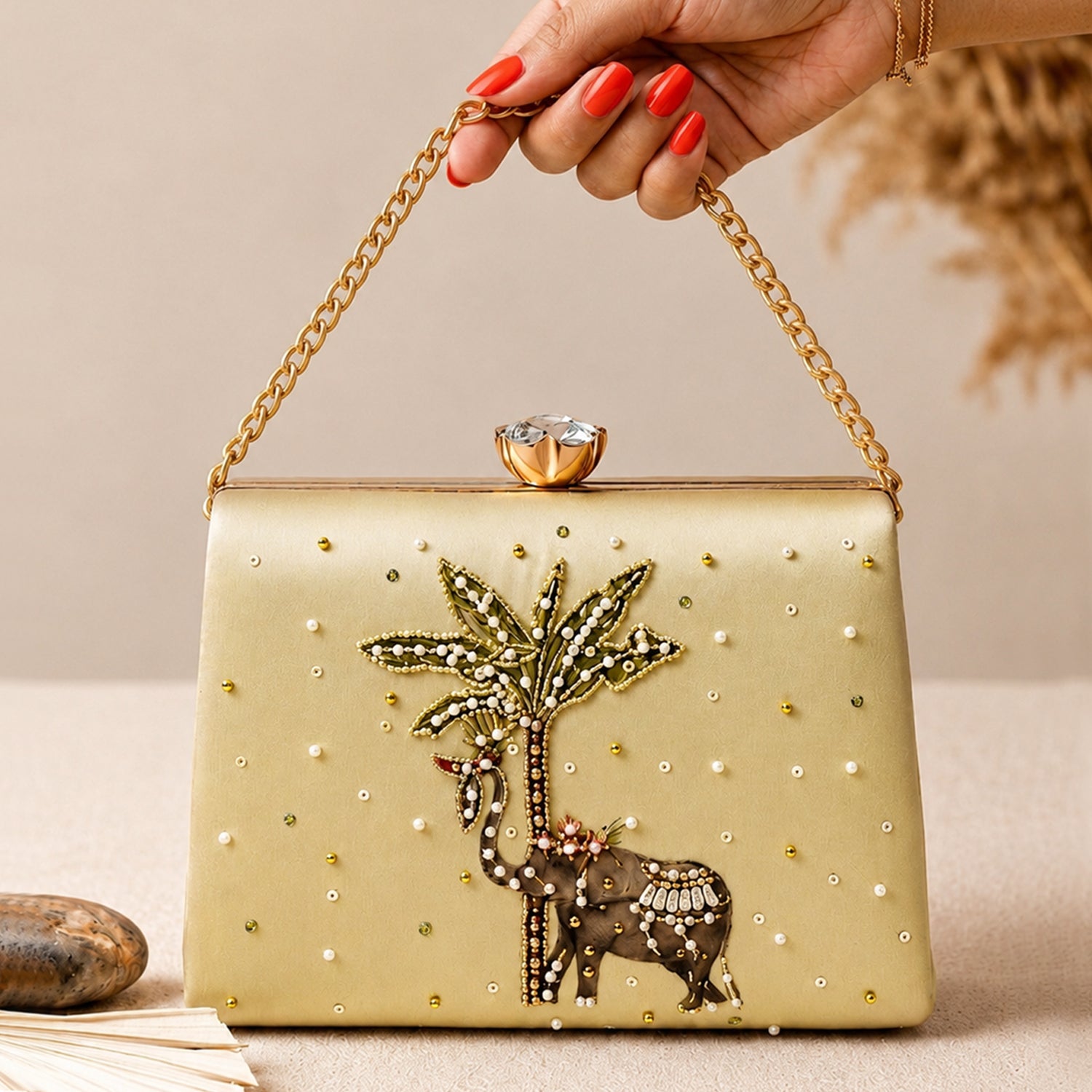 Artklim Majestic Elephant Palm Embellished Clutch