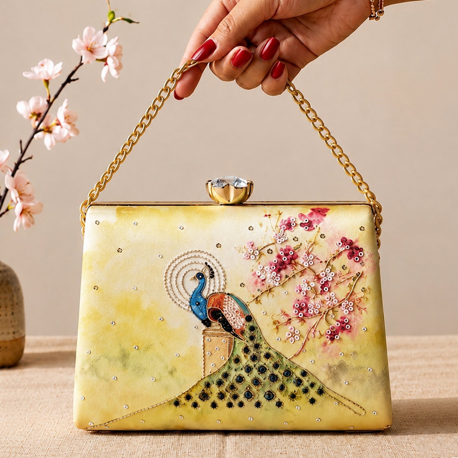 Artklim Printed Royal Peacock Blossom Embellished Clutch with Hand Embroidery