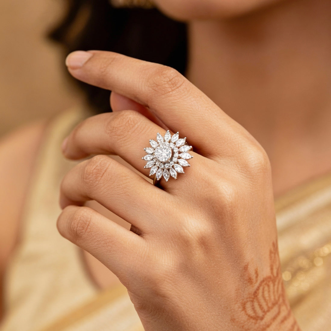 Artklim Silver-Plated Radiant Flower Crystal Anti-Tarnish Ring