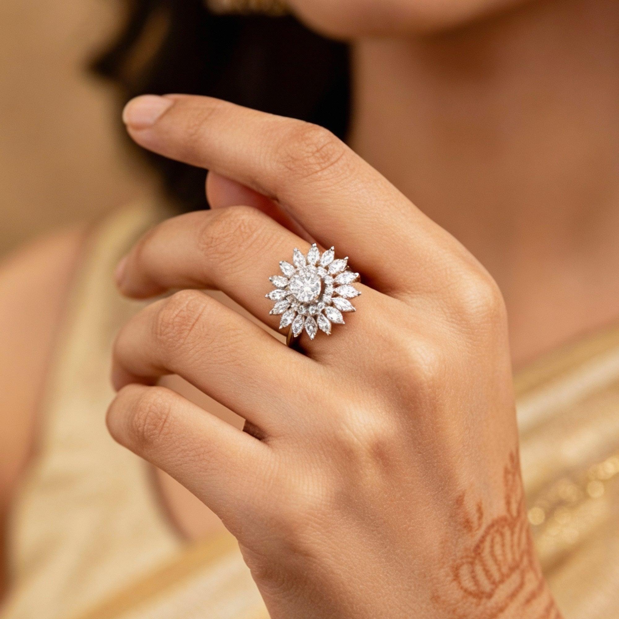 Artklim Silver-Plated Radiant Flower Crystal Anti-Tarnish Ring