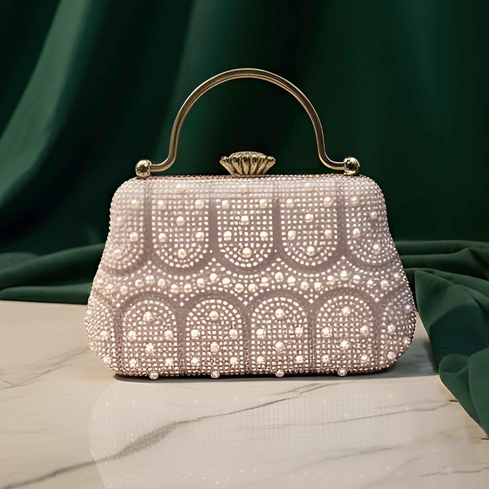 Artklim White Pearl & Arch-Pattern Handle Clutch