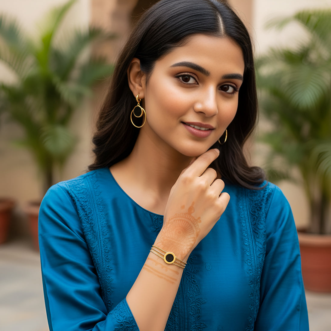 Artklim Anti Tarnish Black Onyx Earrings & Bracelet Set