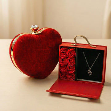 Valentine Special Red Velvet Heart Clutch & Eternal Red Roses Gift Box with Heart Design Necklace