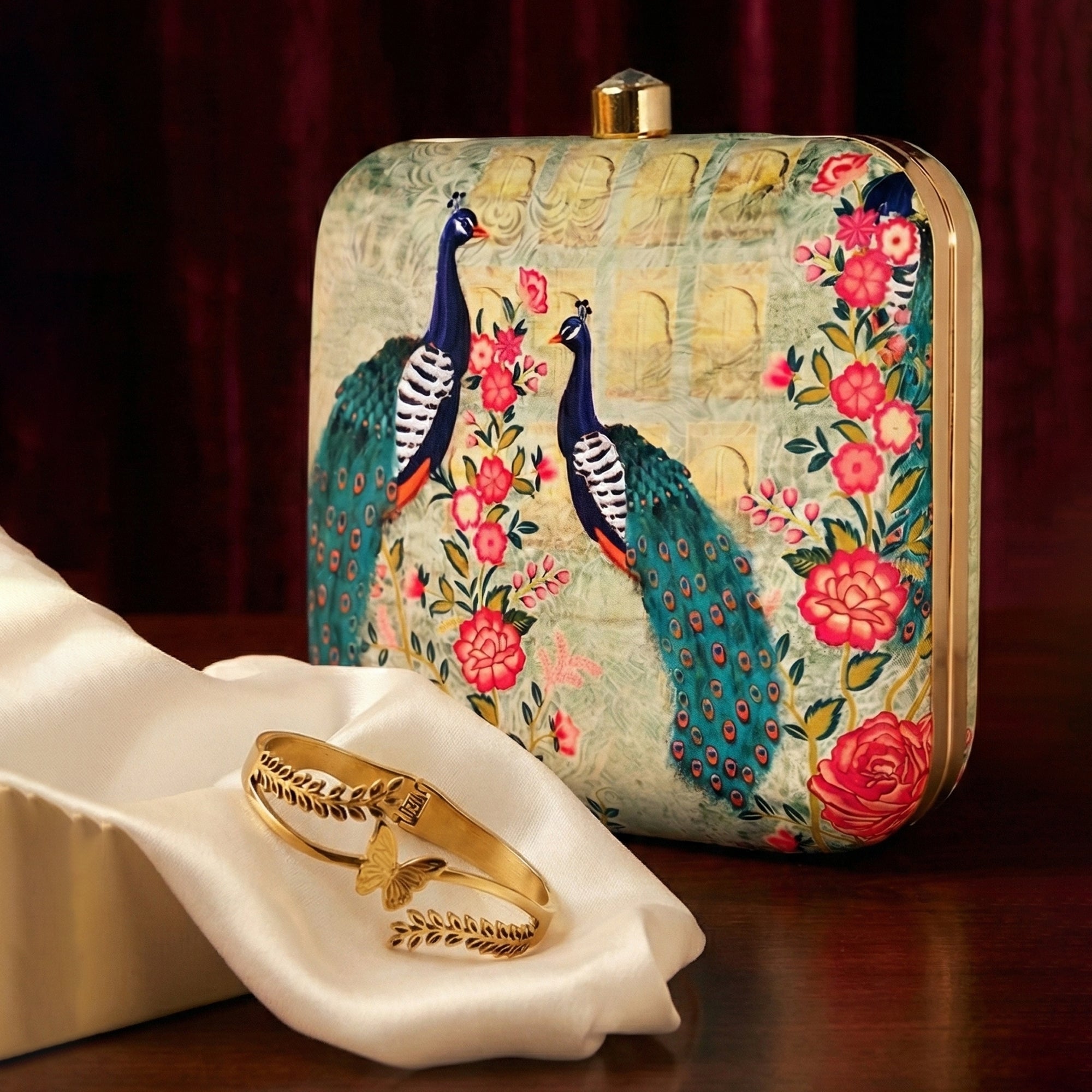 Peacock Clutch & Gold Butterfly Bangle Festive Luxe Combo