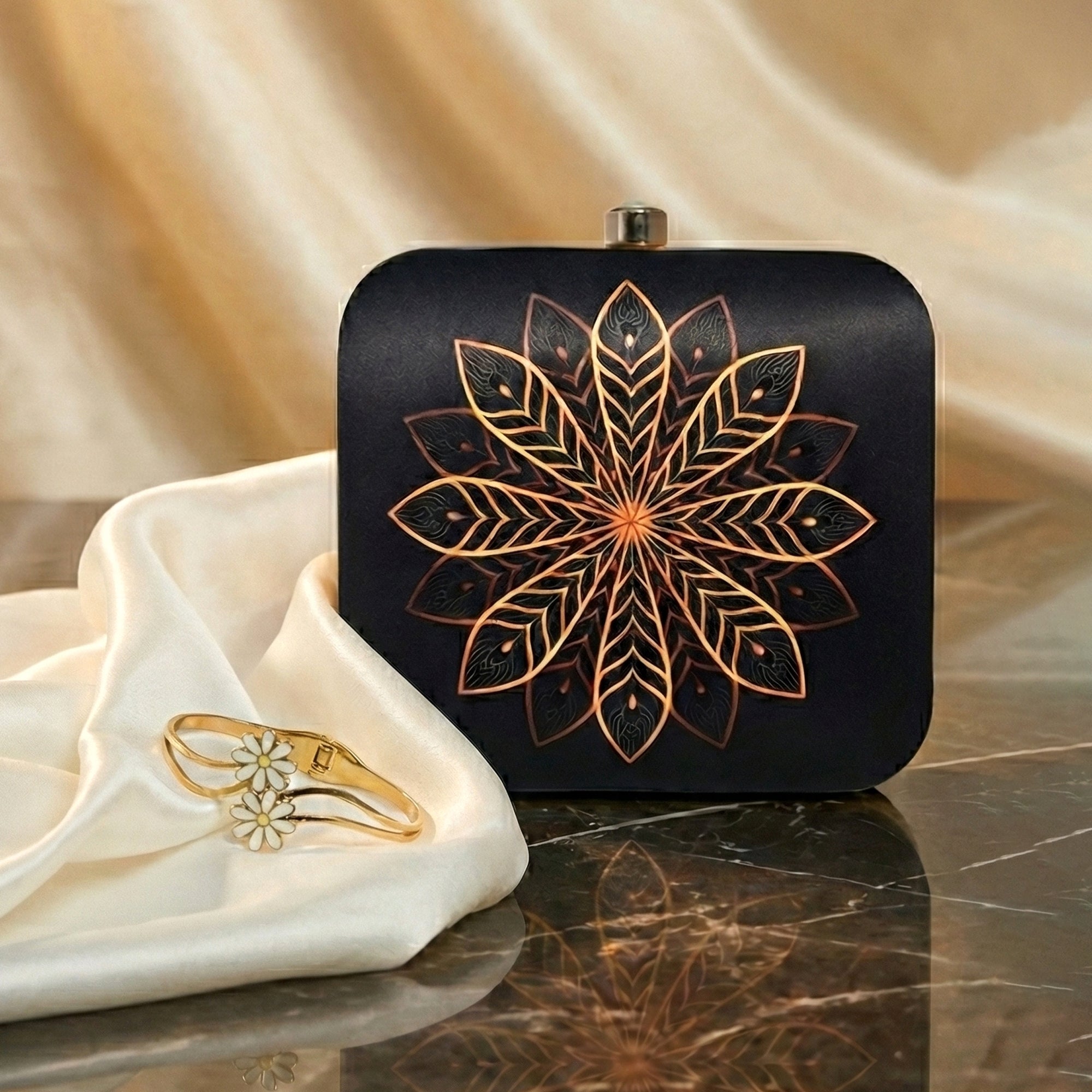 Artklim Luxe Edit: Mandala Clutch & Gold-Plated Floral Bracelet
