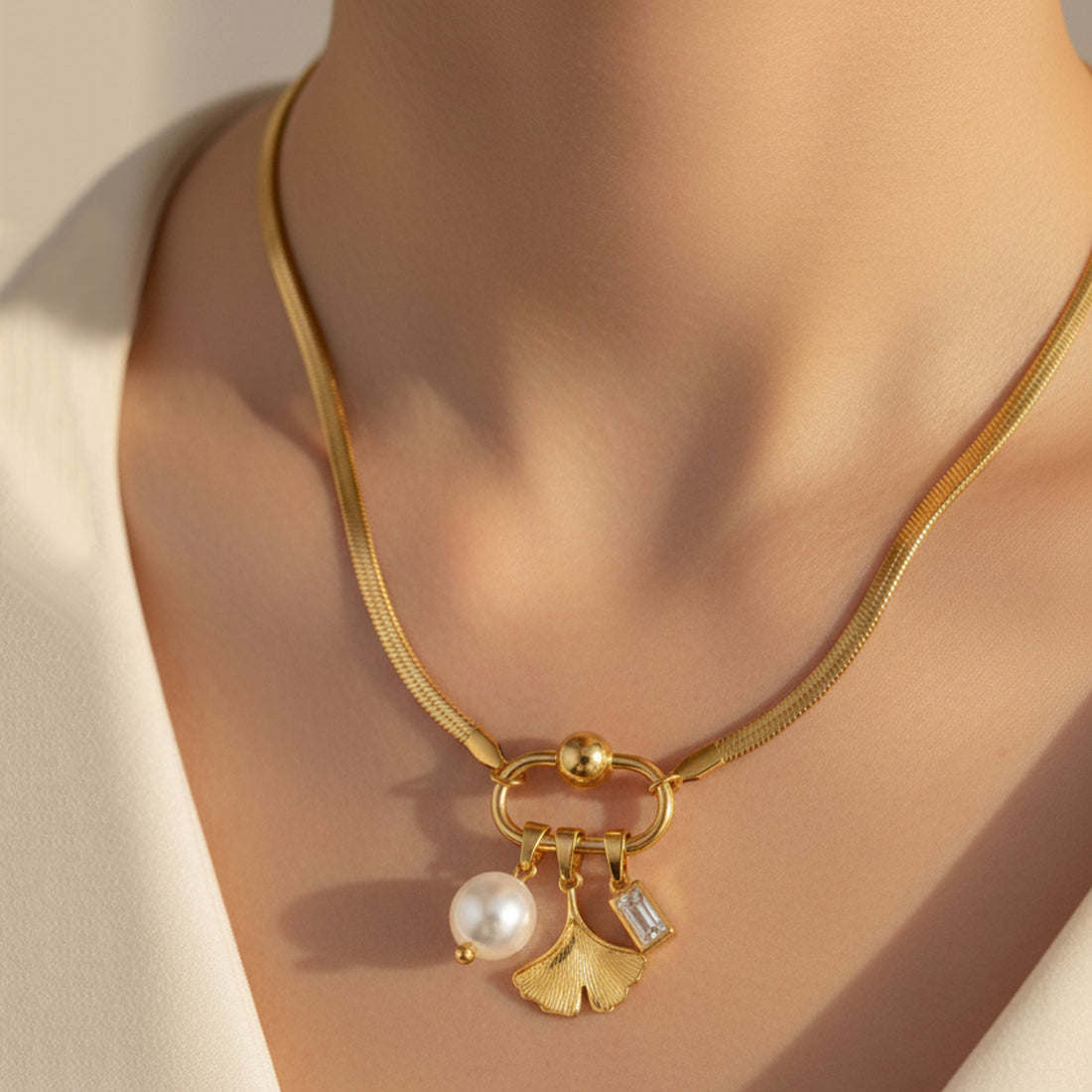 Artklim Gold Plated Minimal Leaf & Pearl Pendant Necklace