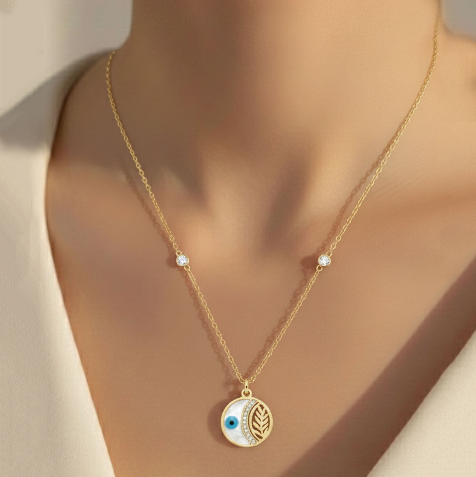 Artklim Gold Plated Evil Eye Leaf Charm Pendant Necklace