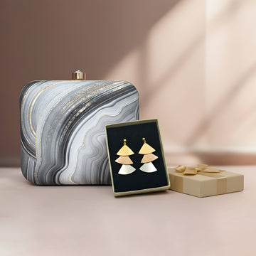 Black & White Printed Clutch & Geometric Triangle Earrings Party Ready Combo