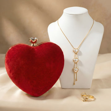 Valentine Special Red Velvet Heart Clutch & Triple Heart Drop Necklace Combo