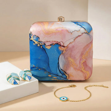 Thank Gift set: Fluid Art Clutch with Ocean Leaf Earrings & Turquoise Evil Eye Bracelet