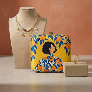 Thank you Gift: Orange Girl Clutch with Tree of Life & Heart Necklace, & Crystal Ring Combo