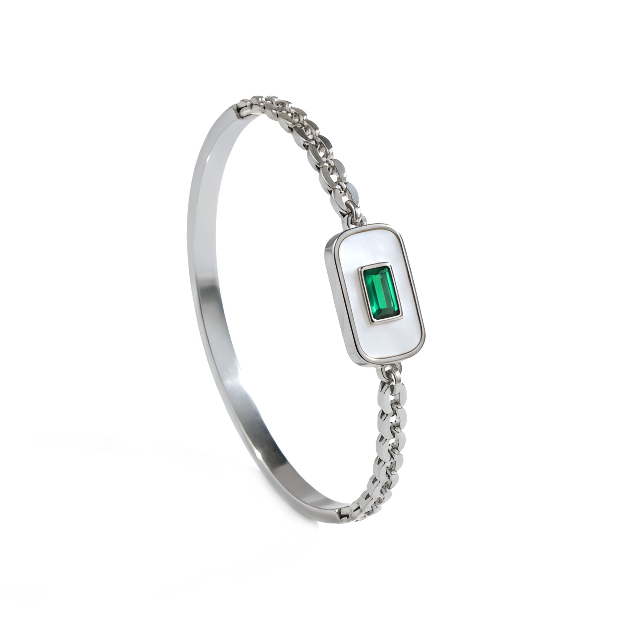 Artklim Silver Plated Green Gem Charm Bangle Bracelet