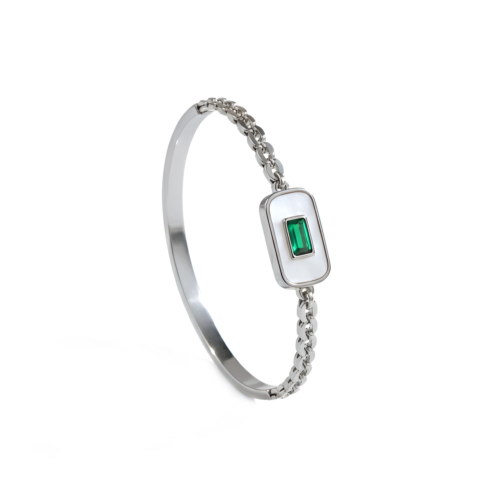 Artklim Silver Plated Green Gem Charm Bangle Bracelet