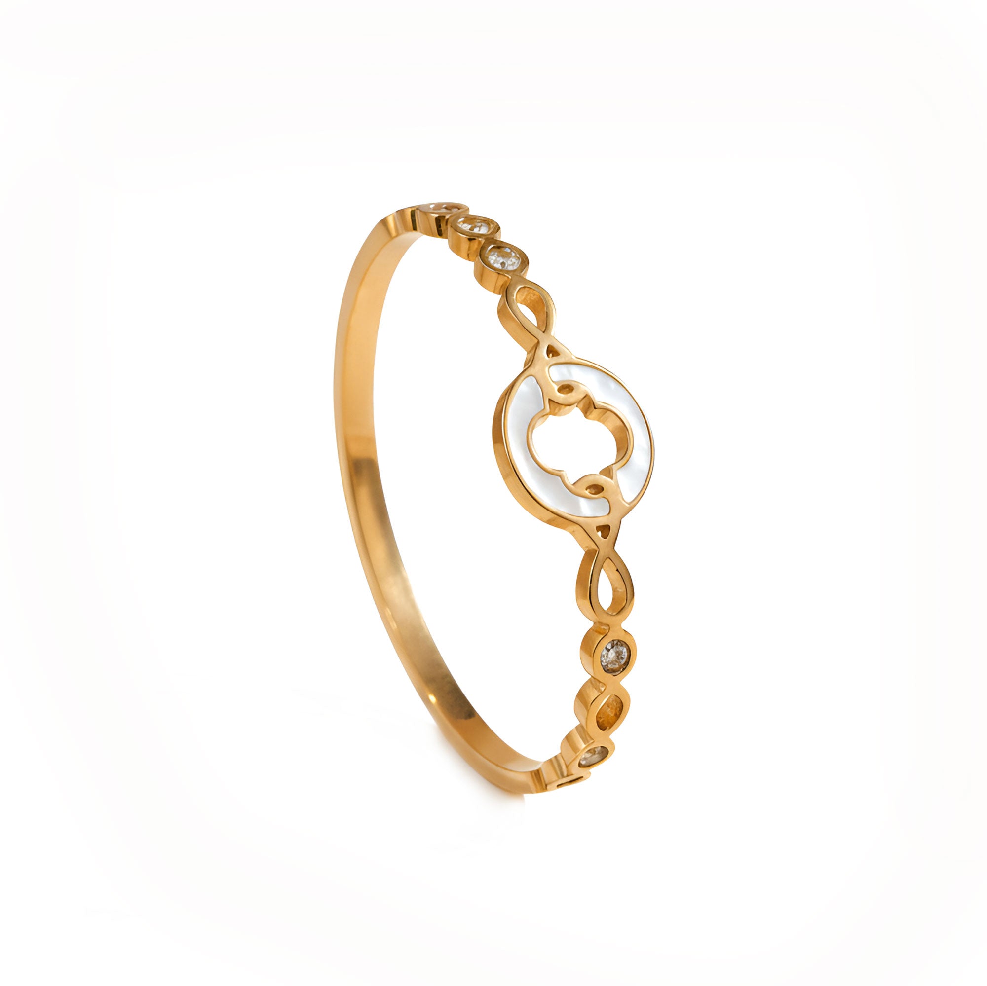 Artklim Gold Plated White Enamel Clover Bangle Bracelet
