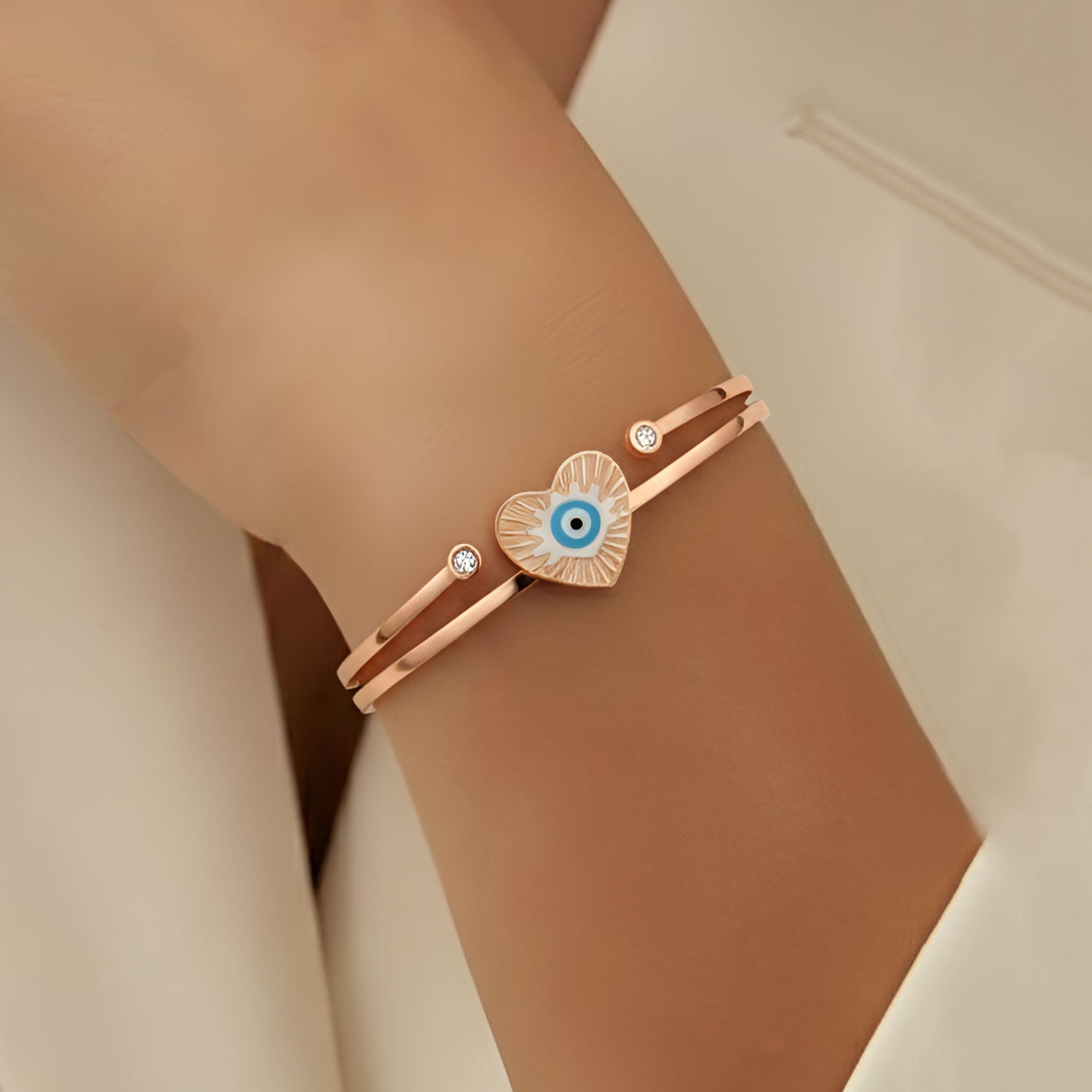 Artklim Gold Plated Evil Eye Heart Charm Bangle Bracelet