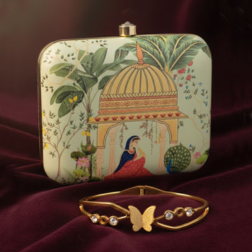 Printed Clutch & Gold-Plated Butterfly Bangle | Festive Luxe Combo