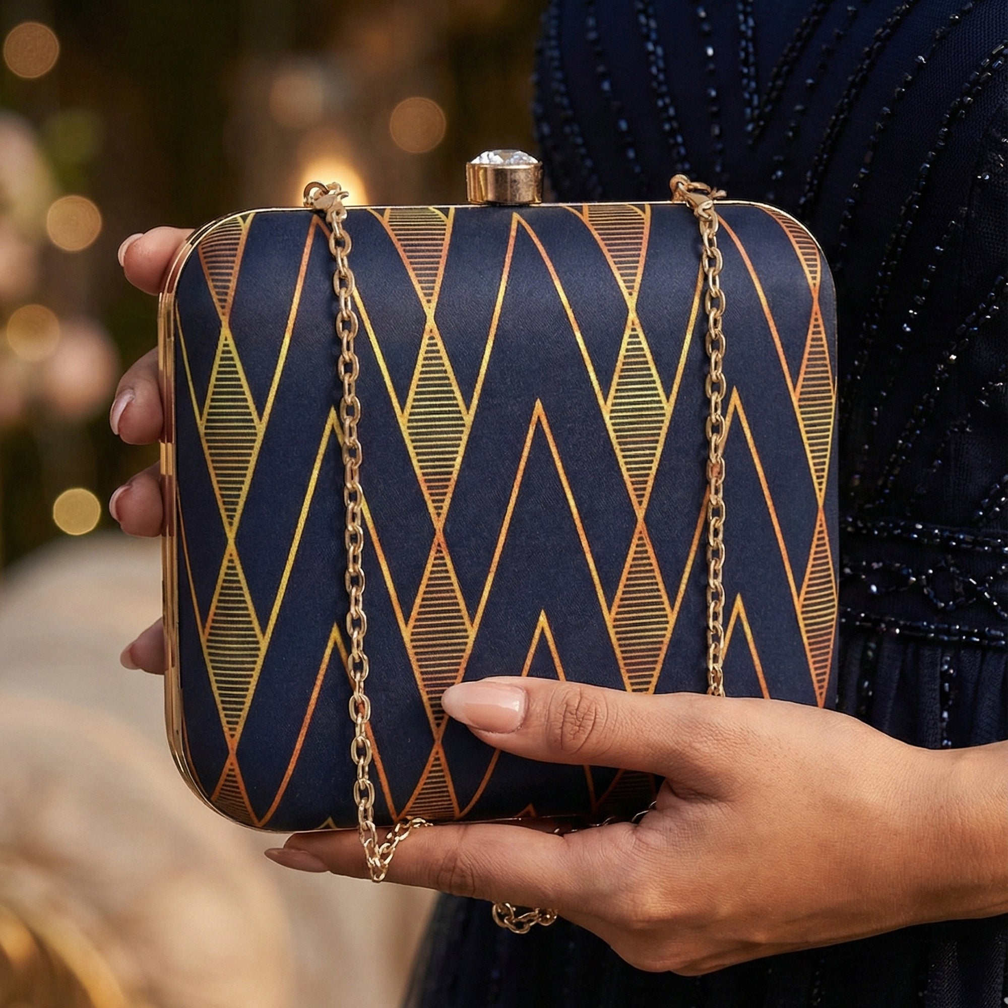 Artklim Black Gold Geometric Pattern Clutch