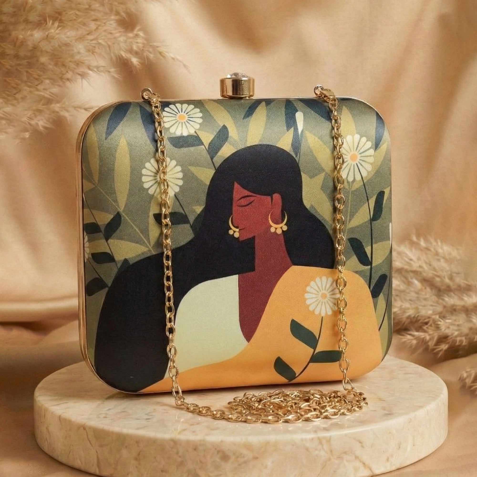 Yellow Saree Lady on Flower Green and White Leaf Background Printed Clutch