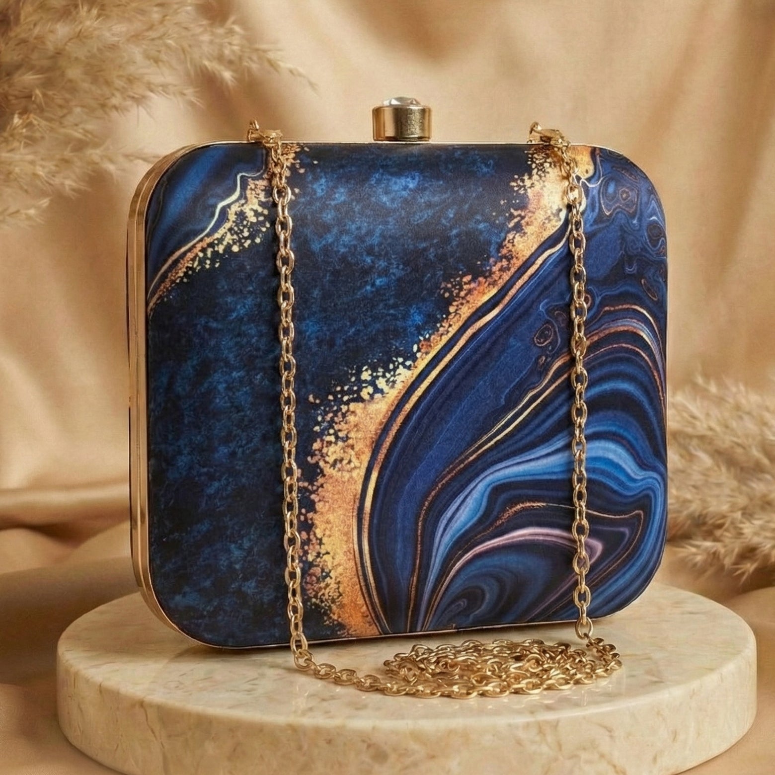 Artklim Blue Gold Printed Clutch