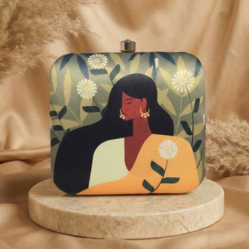 Yellow Saree Lady on Flower Green and White Leaf Background Printed Clutch