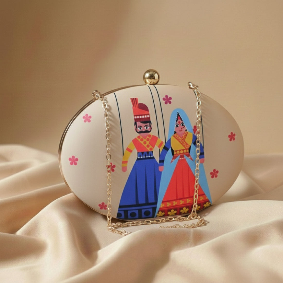 Indian Puppet Printed Oval Clutch