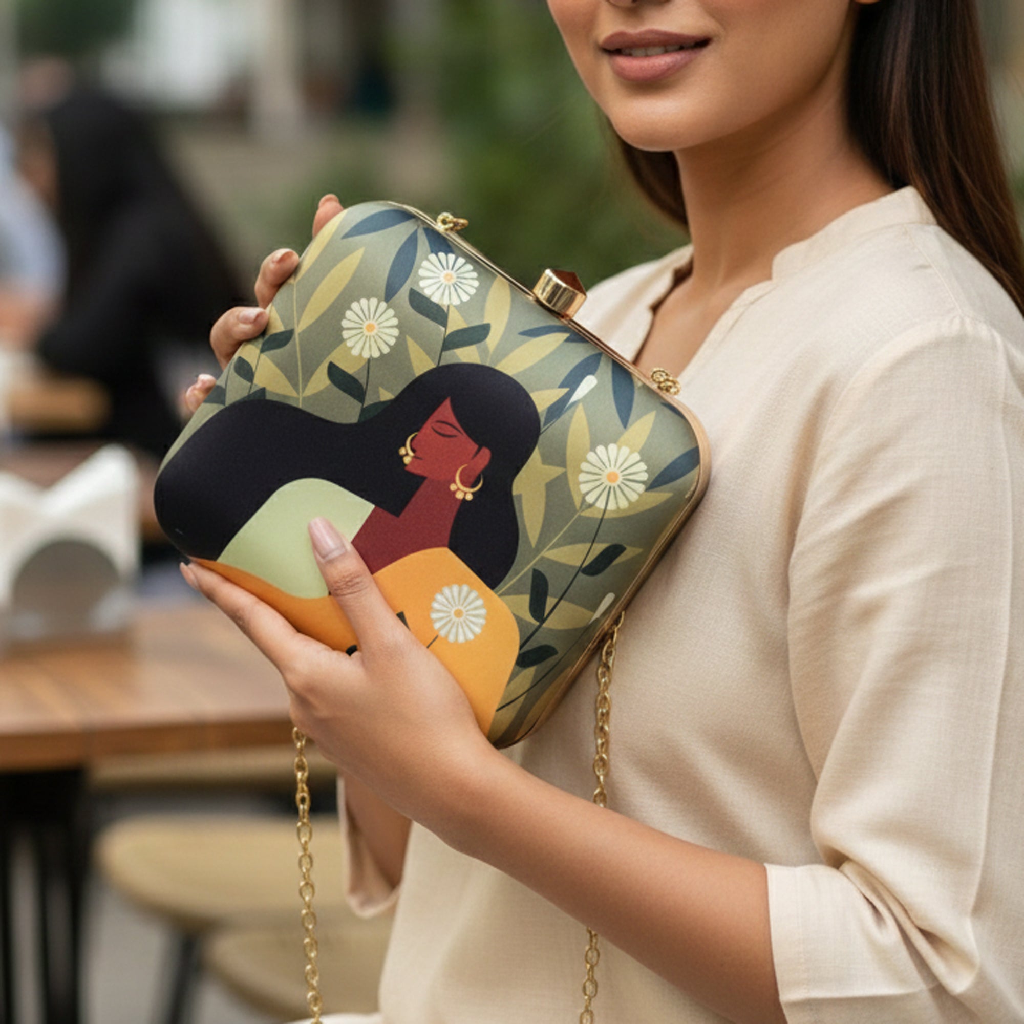 Yellow Saree Lady on Flower Green and White Leaf Background Printed Clutch