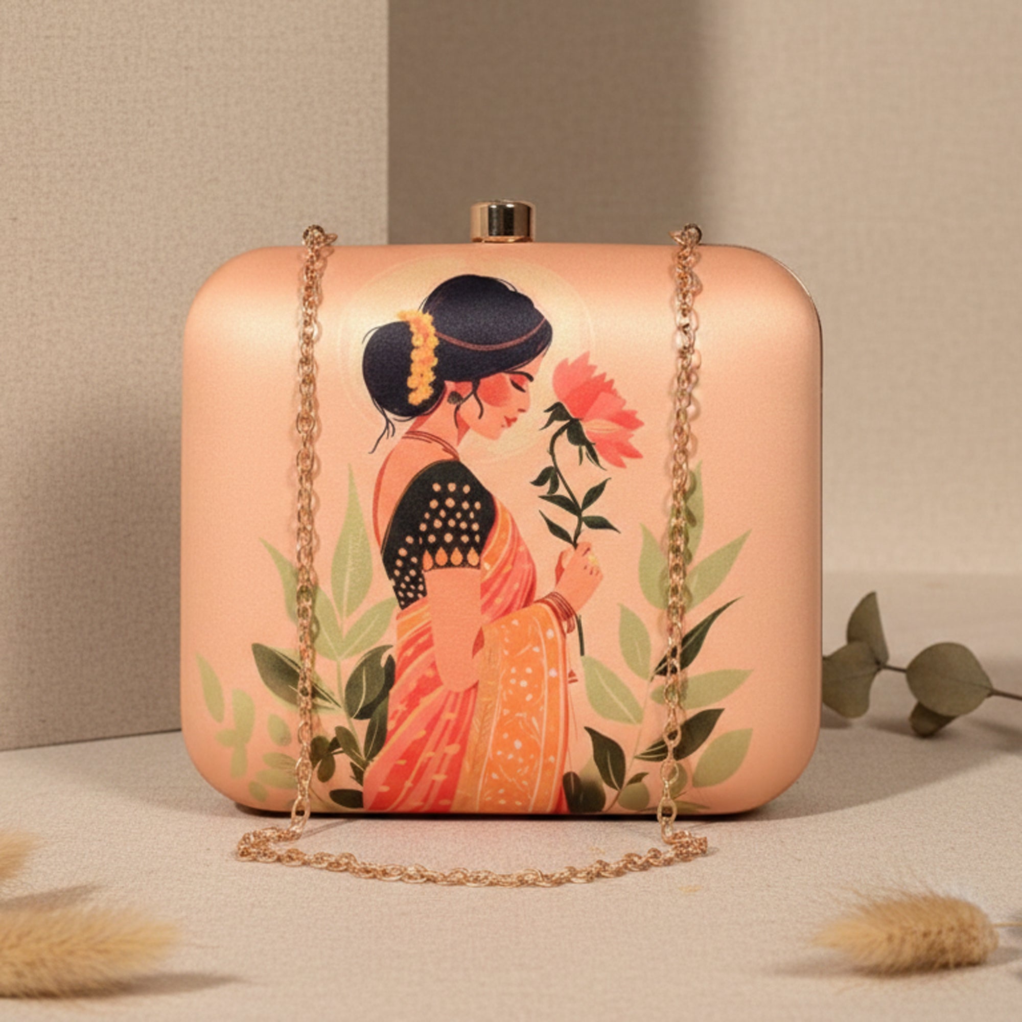 Artklim Women's Ethnic Woman Floral Print Box Clutch with Chain