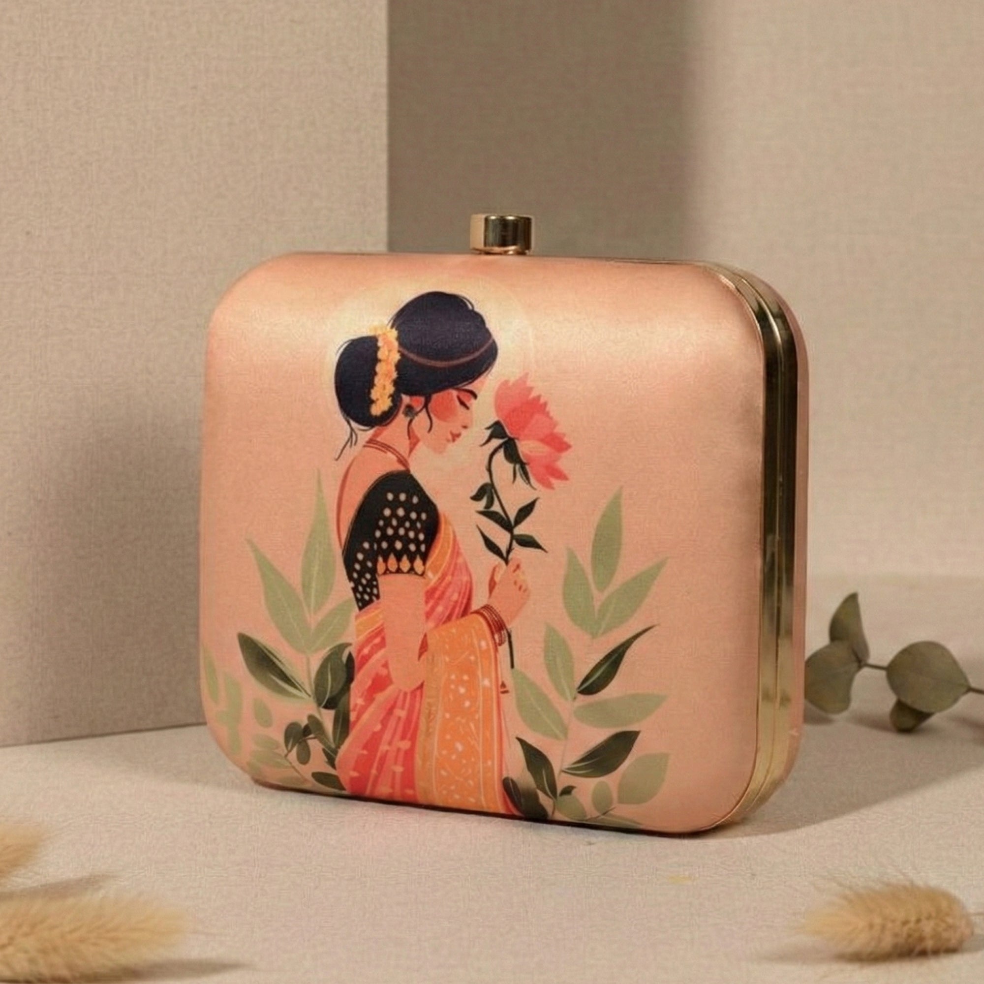 Artklim Women's Ethnic Woman Floral Print Box Clutch with Chain