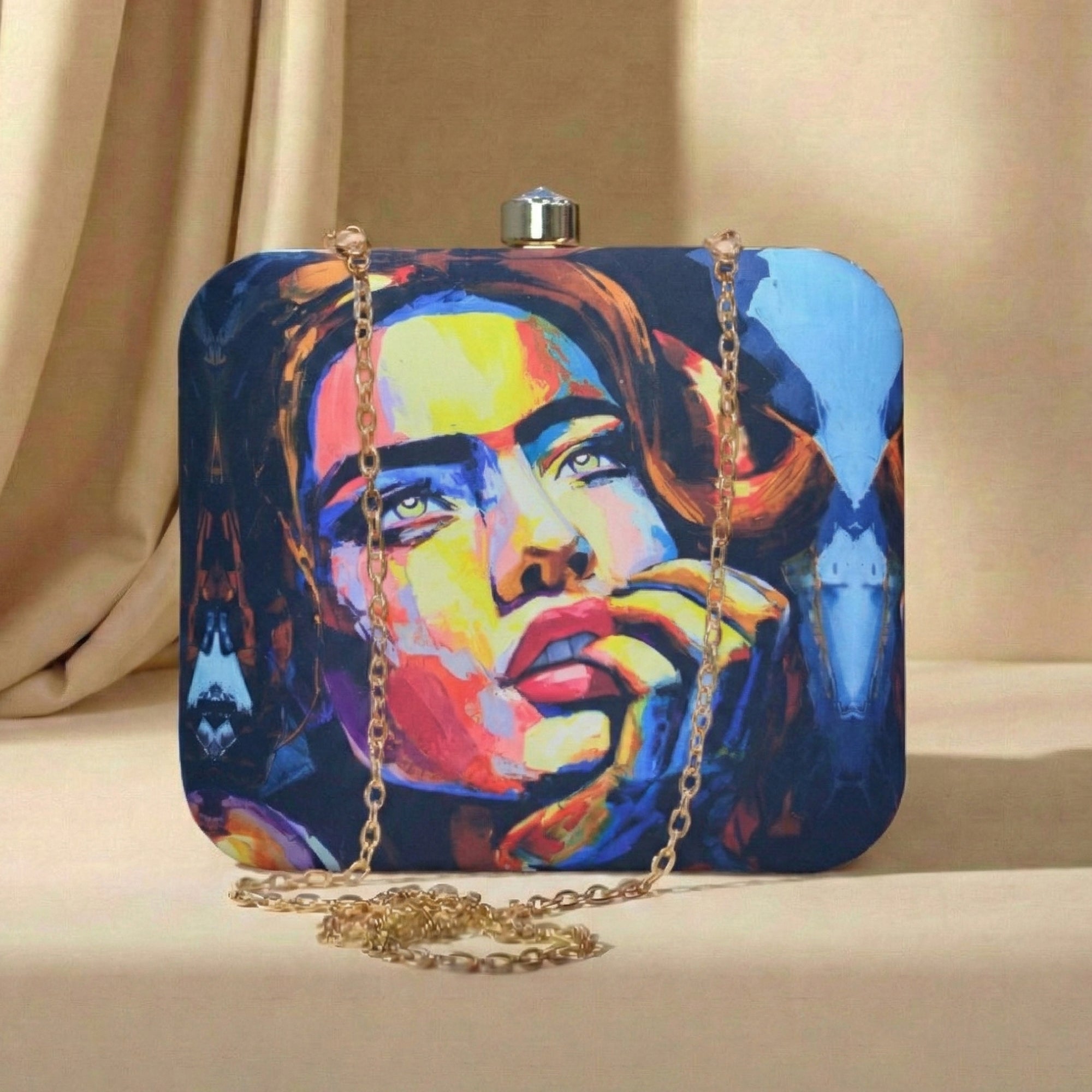 Artklim Women's Abstract Colorful Face Print Box Clutch with Chain