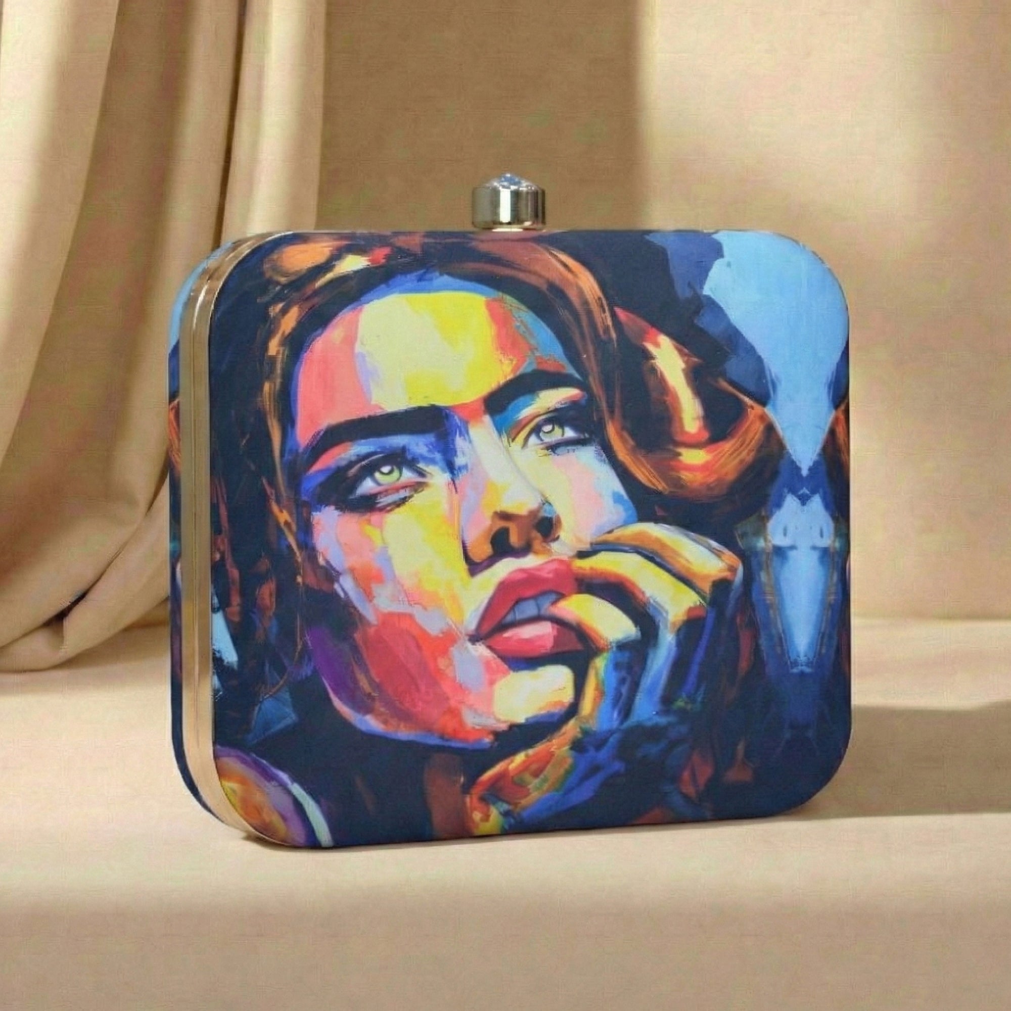 Artklim Women's Abstract Colorful Face Print Box Clutch with Chain