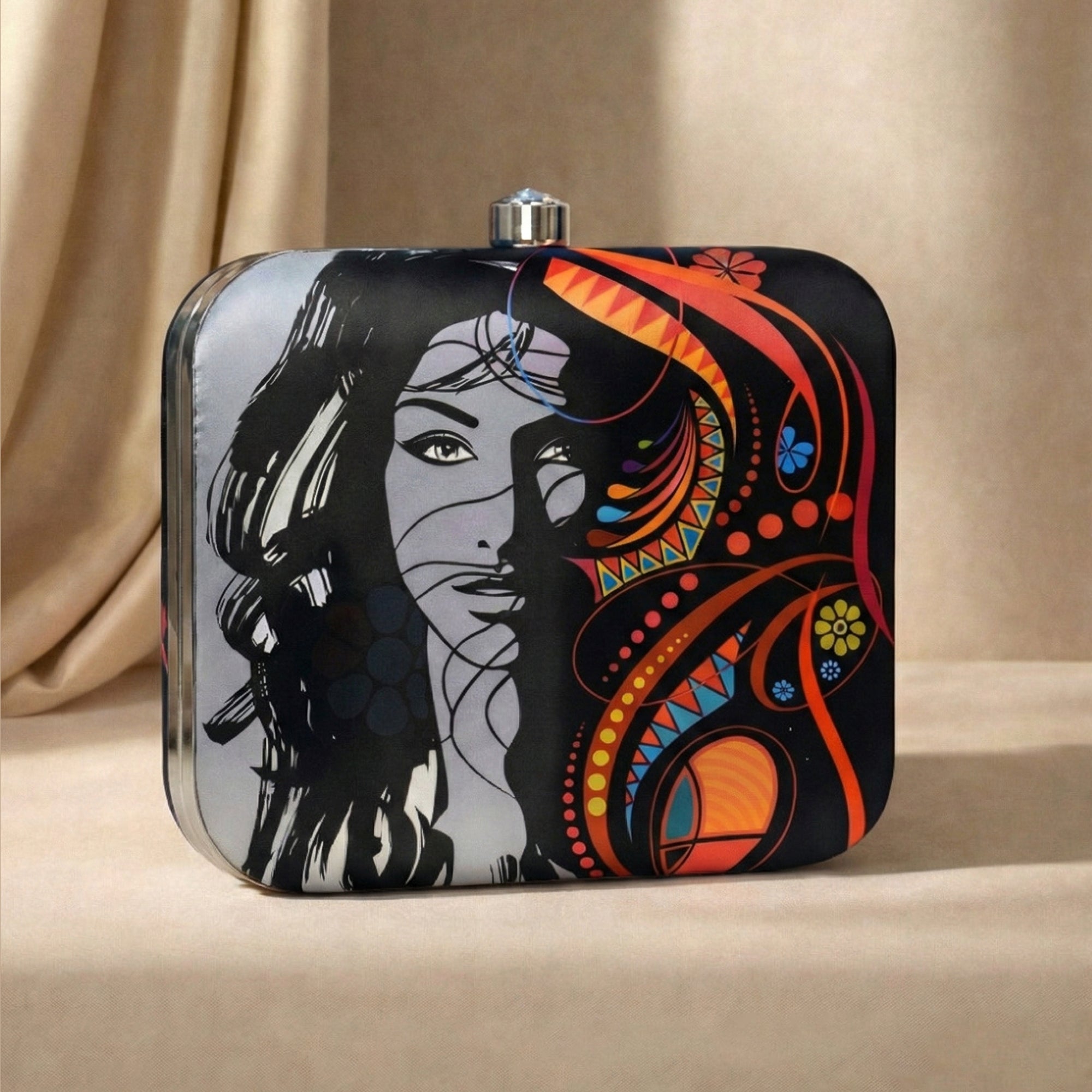 Artklim Women's Abstract Face Print Box Clutch with Chain