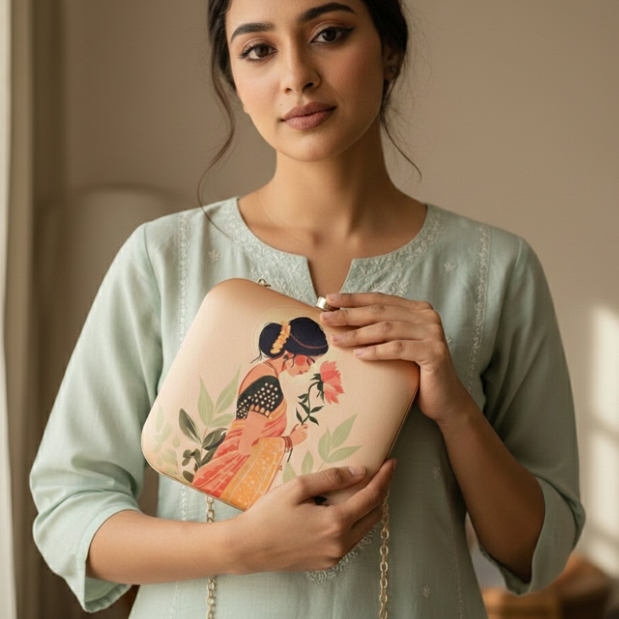 Artklim Women's Ethnic Woman Floral Print Box Clutch with Chain