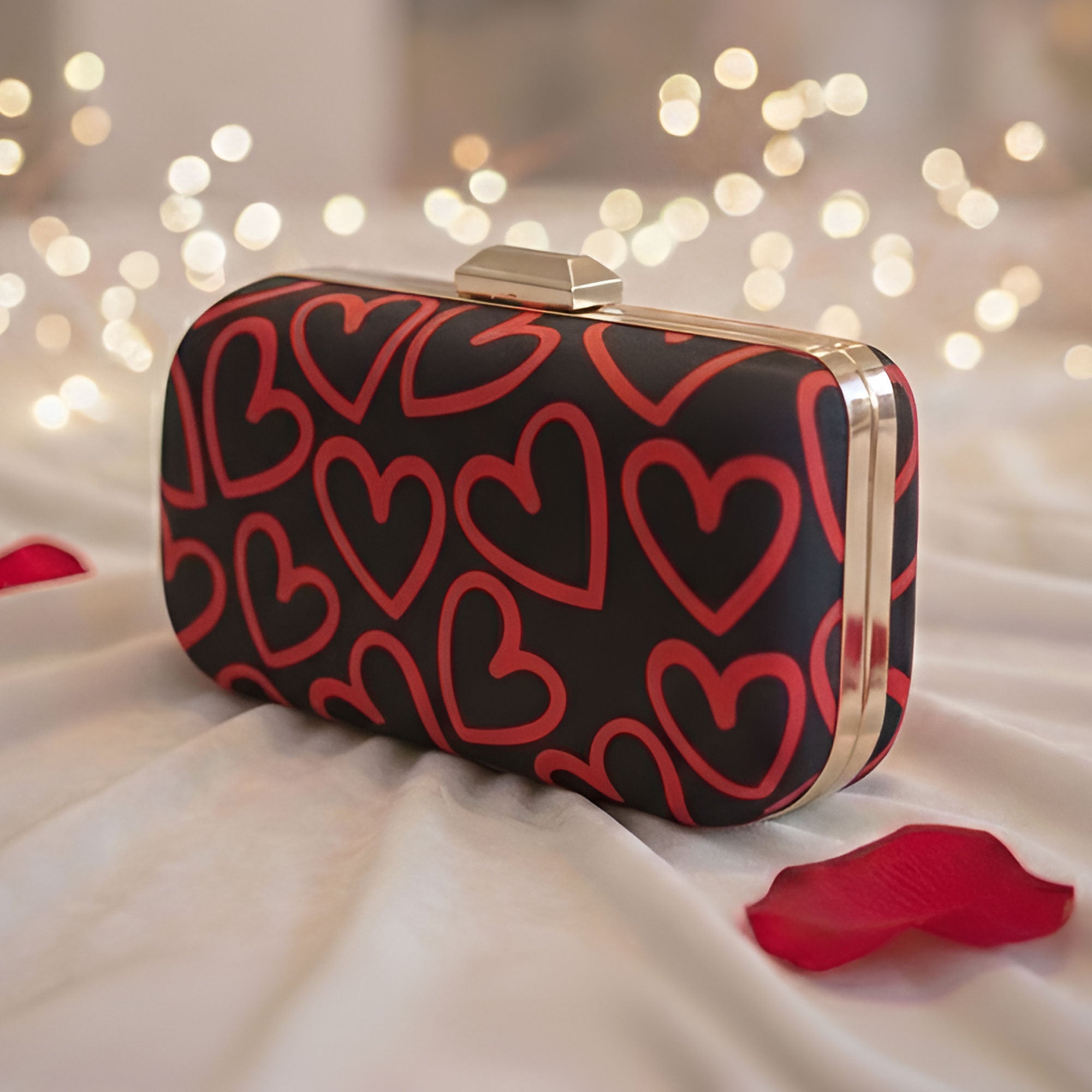 Artklim Elegant Black & Red Heart Printed Clutch