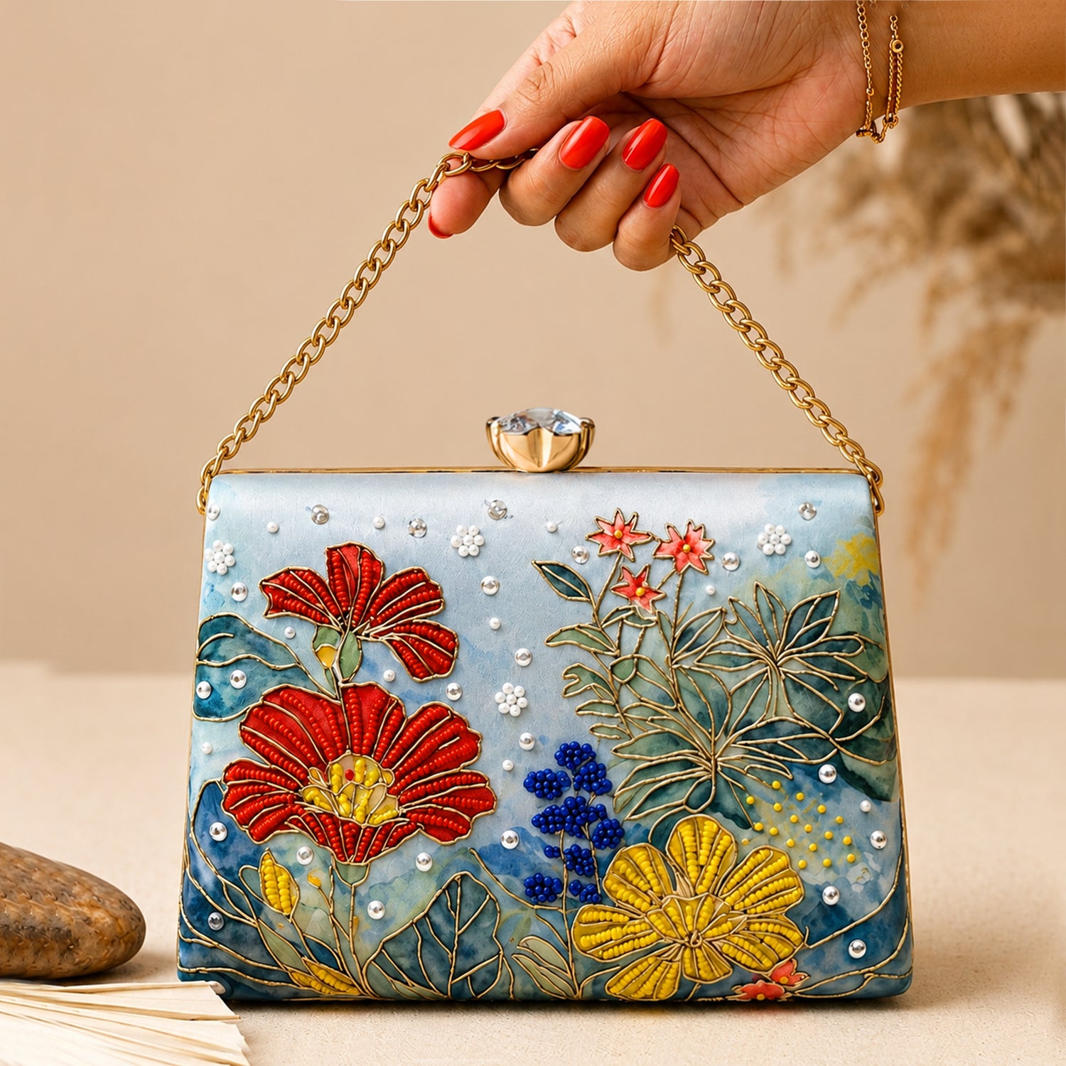 Artklim Blue Floral Artistic Embroidered Clutch