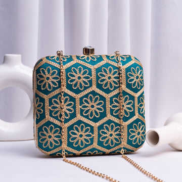 Artklim Teal Blue Based Thread Work Embroidery Clutch