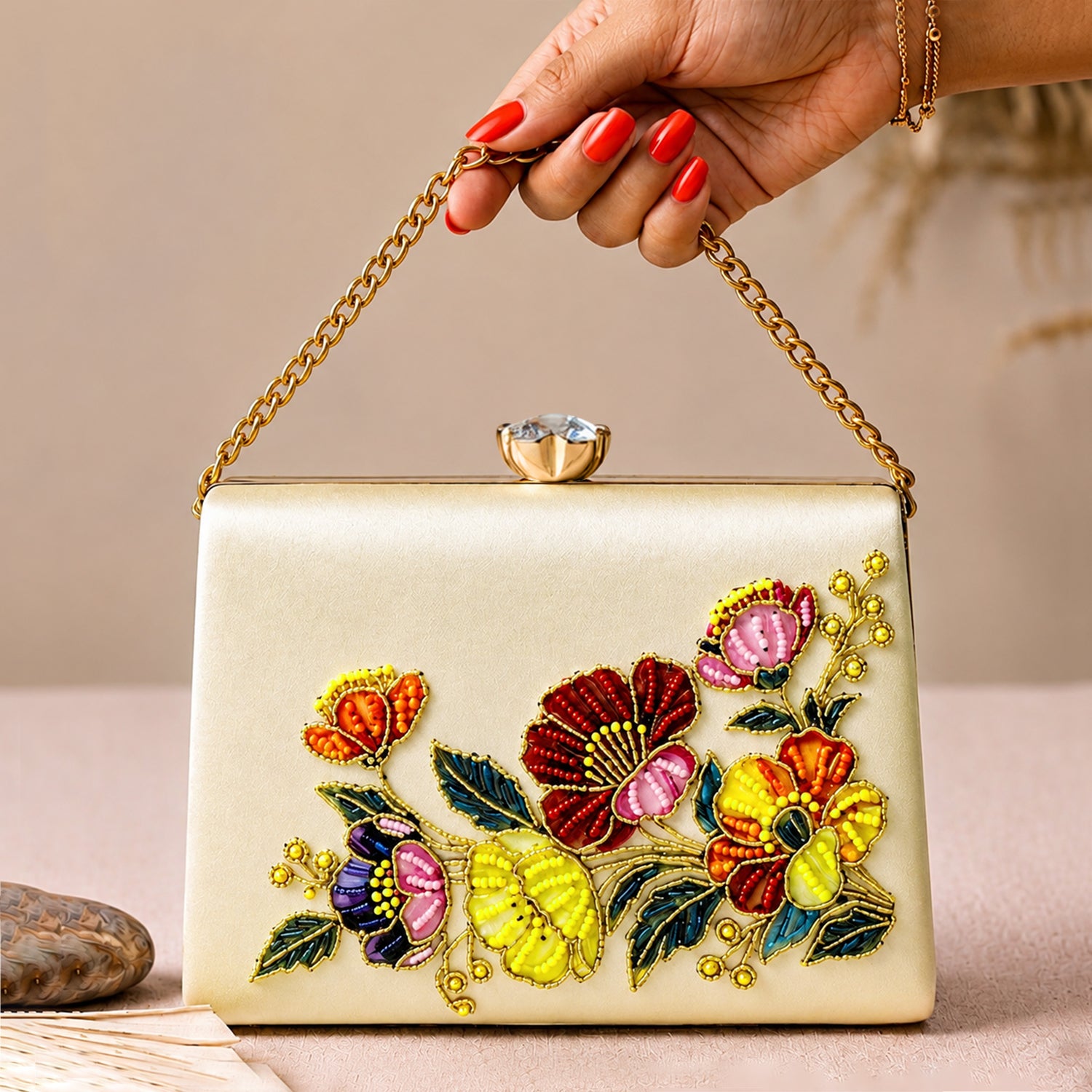Artklim Floral Symphony Pearl Embroidered Clutch