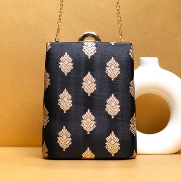 Black Brocade Fabric Vertical Clutch