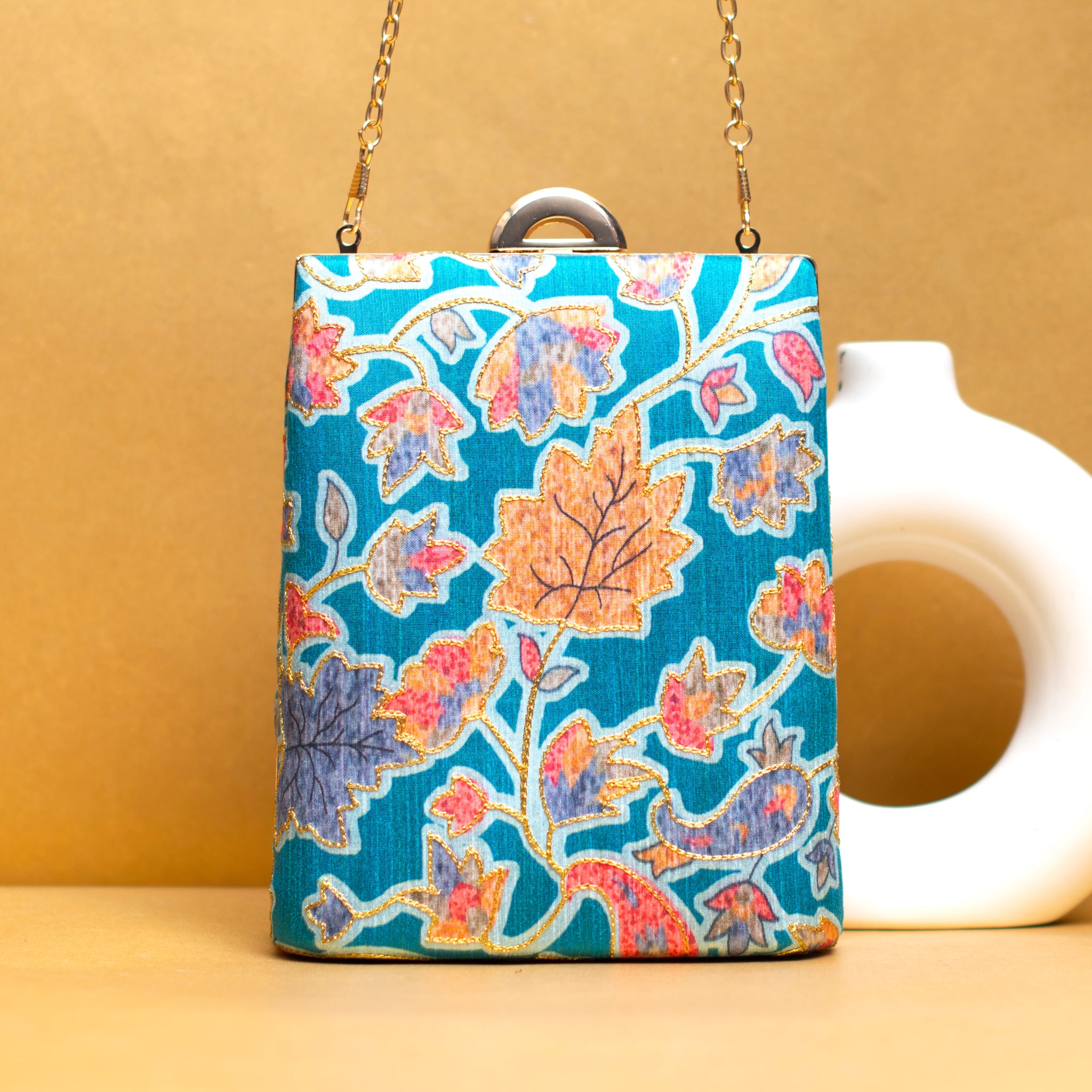 Blue Floral Printed Vertical Clutch