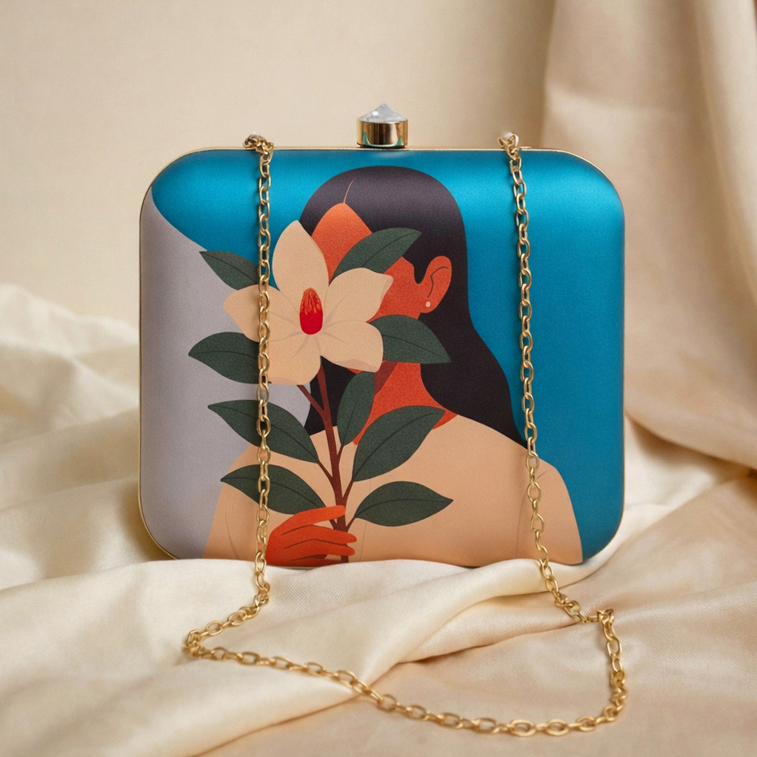 Artklim Blue Based Girl With Magnolia Flower Portrait Printed Clutch