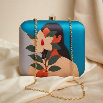 Artklim Blue Based Girl With Magnolia Flower Portrait Printed Clutch