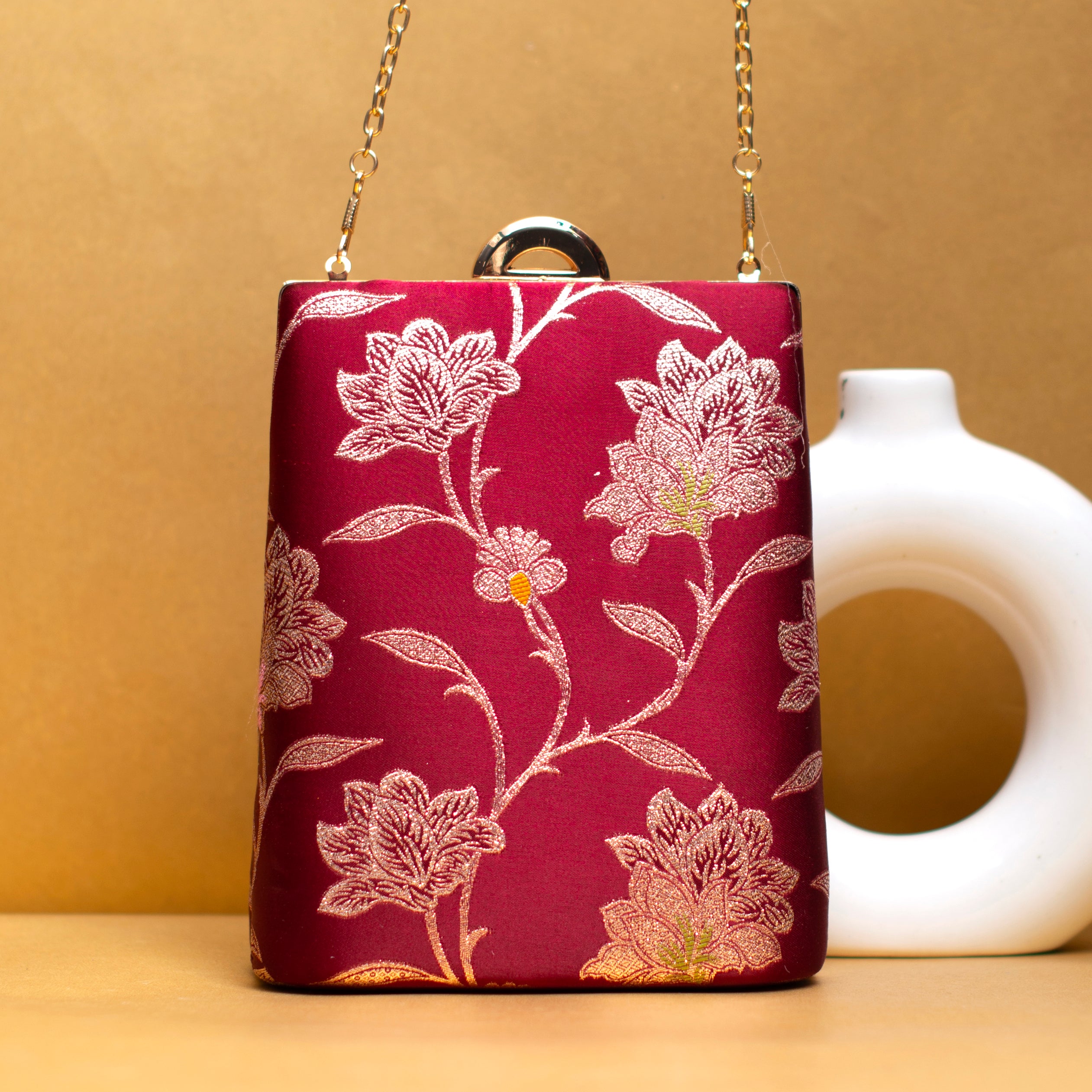 Maroon Floral Brocade Vertical Clutch